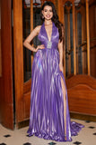 Sparkly Halter Pleated Purple Prom Dress with Accessory