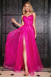 Hot Pink A-Line Long Corset Prom Dress with Accessory