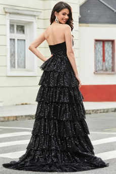 Black Strapless A-Line Long Tiered Prom Dress with Accessory