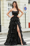 Black Strapless A-Line Long Tiered Prom Dress with Accessory