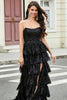 Load image into Gallery viewer, Black Strapless A-Line Long Tiered Prom Dress with Accessory