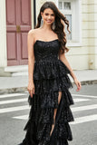 Black Strapless A-Line Long Tiered Prom Dress with Accessory