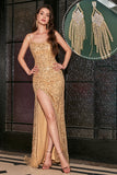 Golden Sequins Long Prom Dress with Accessory