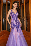 Sparkly Purple Mermaid Long Prom Dress with Accessory