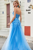 Blue A Line Appliques Tulle Long Prom Dress with Accessory