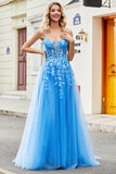 Blue A Line Appliques Tulle Long Prom Dress with Accessory