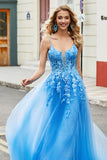 Blue A Line Appliques Tulle Long Prom Dress with Accessory