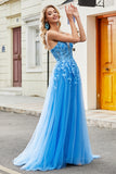 Blue A Line Appliques Tulle Long Prom Dress with Accessory