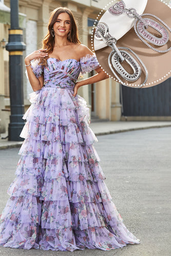 Removable Sleeves Purple Print Tiered Prom Dress with Accessory