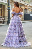 Removable Sleeves Purple Print Tiered Prom Dress with Accessory