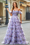 Removable Sleeves Purple Print Tiered Prom Dress with Accessory