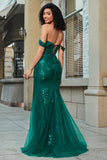 Dark Green Off the Shoulder Appliques Tulle Prom Dress with Accessory