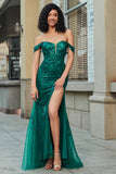 Dark Green Off the Shoulder Appliques Tulle Prom Dress with Accessory