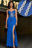 Beading Royal Blue Mermaid Glitter Corset Prom Dress with Accessory