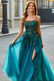 Gorgeous A Line Dark Green Appliques Long Prom Dress with Accessory