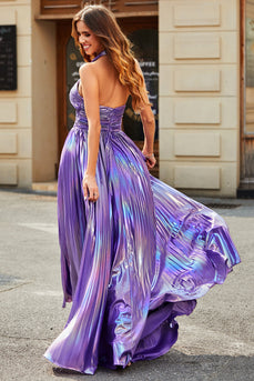 Stunning A Line Halter Neck Purple Long Prom Dress with Accessory