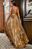 Stunning A Line V-Neck Golden Long Prom Dress with Accessory