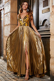 Stunning A Line V-Neck Golden Long Prom Dress with Accessory