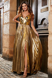 Stunning A Line V-Neck Golden Long Prom Dress with Accessory