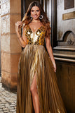 Stunning A Line V-Neck Golden Long Prom Dress with Accessory