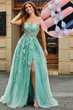 A Line Green Appliques Long Prom Dress with Accessory