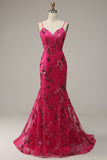 Hot Pink Sequins Print Mermaid Prom Dress