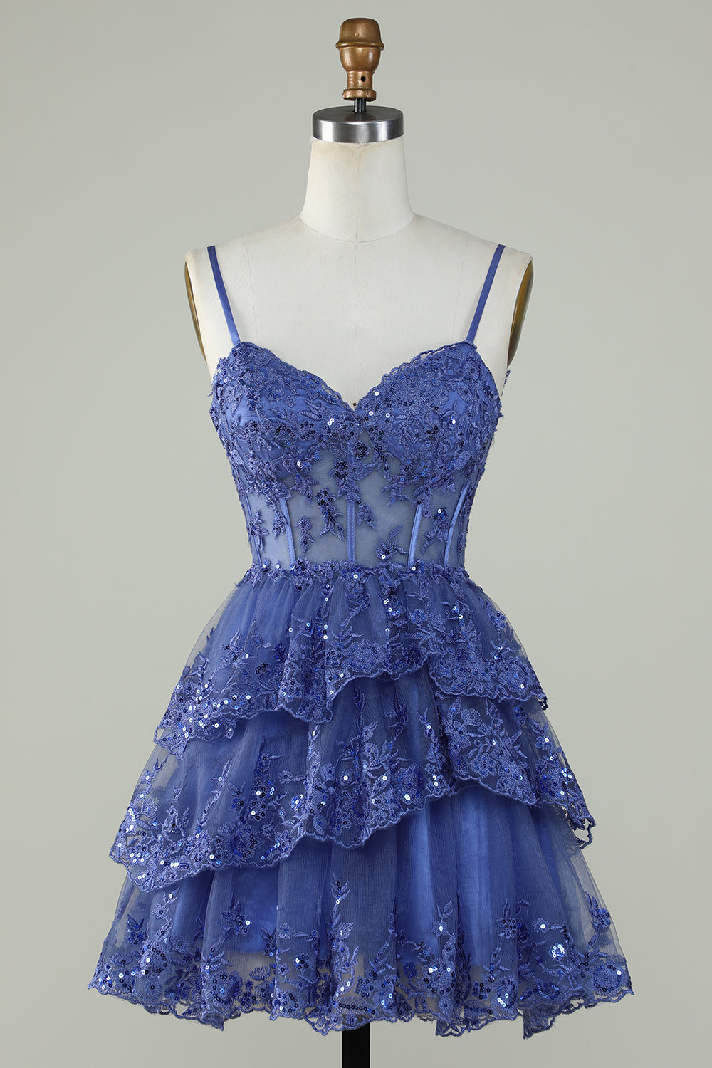 Zapaka Women Dark Blue Graduation Dress Spaghetti Straps Sparkly Corset Short Party Dress