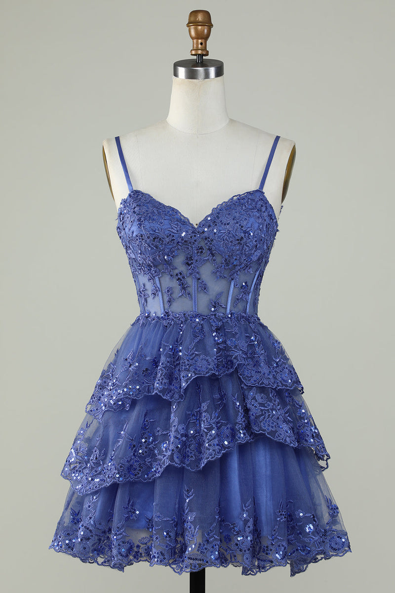 Load image into Gallery viewer, Cute A Line Spaghetti Straps Dark Blue Sparkly Corset Graduation Dress