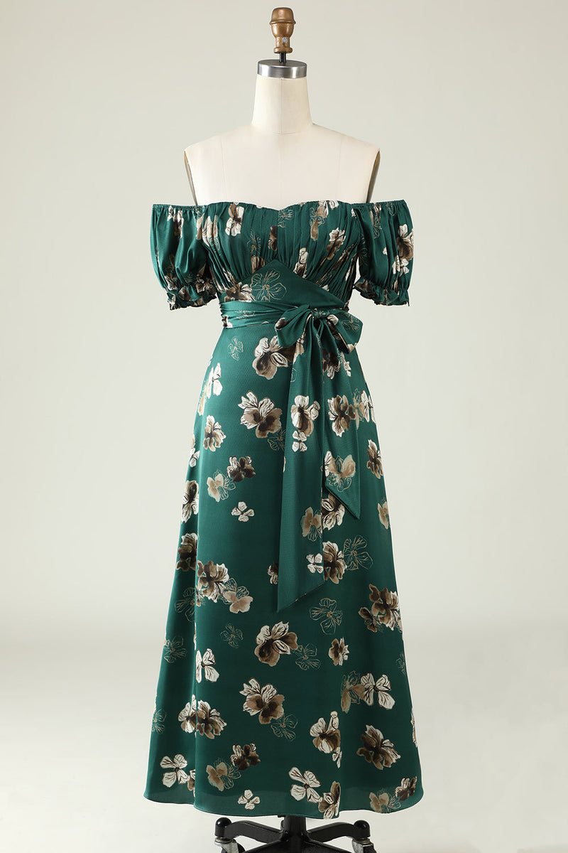 Load image into Gallery viewer, Dark Green Floral Boho Bridesmaid Dress