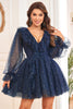 Load image into Gallery viewer, A Line V Neck Navy Short Graduation Dress with Long Sleeves