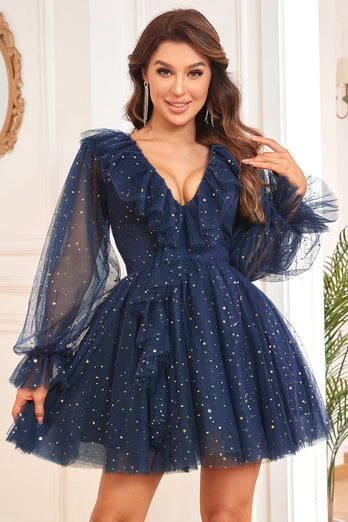 A Line V Neck Navy Short Graduation Dress with Long Sleeves