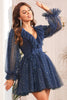 Load image into Gallery viewer, A Line V Neck Navy Short Graduation Dress with Long Sleeves