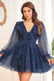 A Line V Neck Navy Short Graduation Dress with Long Sleeves