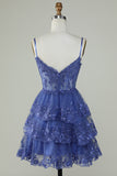 Cute A Line Spaghetti Straps Dark Blue Sparkly Corset Graduation Dress