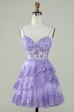 Zapaka Women Purple Graduation Dress Spaghetti Straps Sparkly Corset Short Party Dress