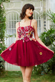 Burgundy A Line Spaghetti Straps Graduation Dress With 3D Flowers