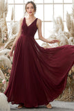 Burgundy V Neck Chiffon Bridesmaid Dress