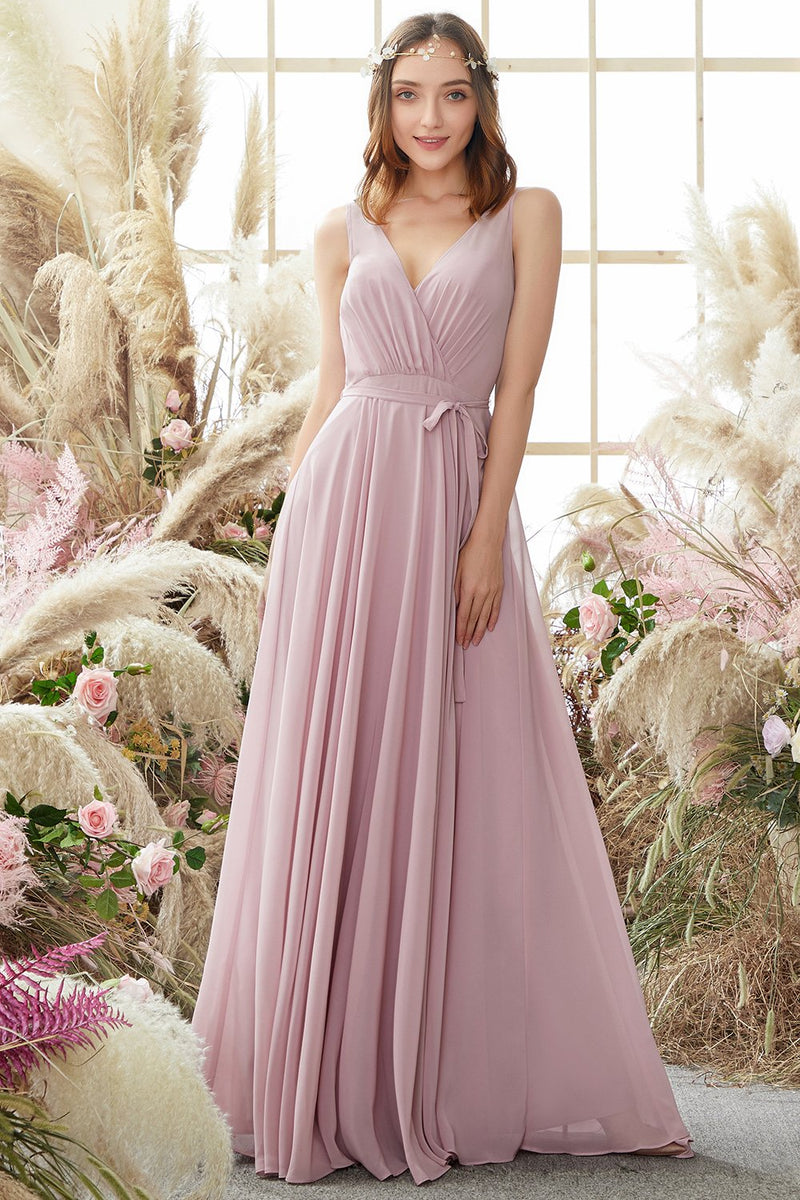 Load image into Gallery viewer, Blush V Neck Long Chiffon Bridesmaid Dress