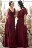 One Shoulder Burgundy Chiffon Bridesmaid Dress