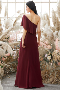 One Shoulder Burgundy Chiffon Bridesmaid Dress