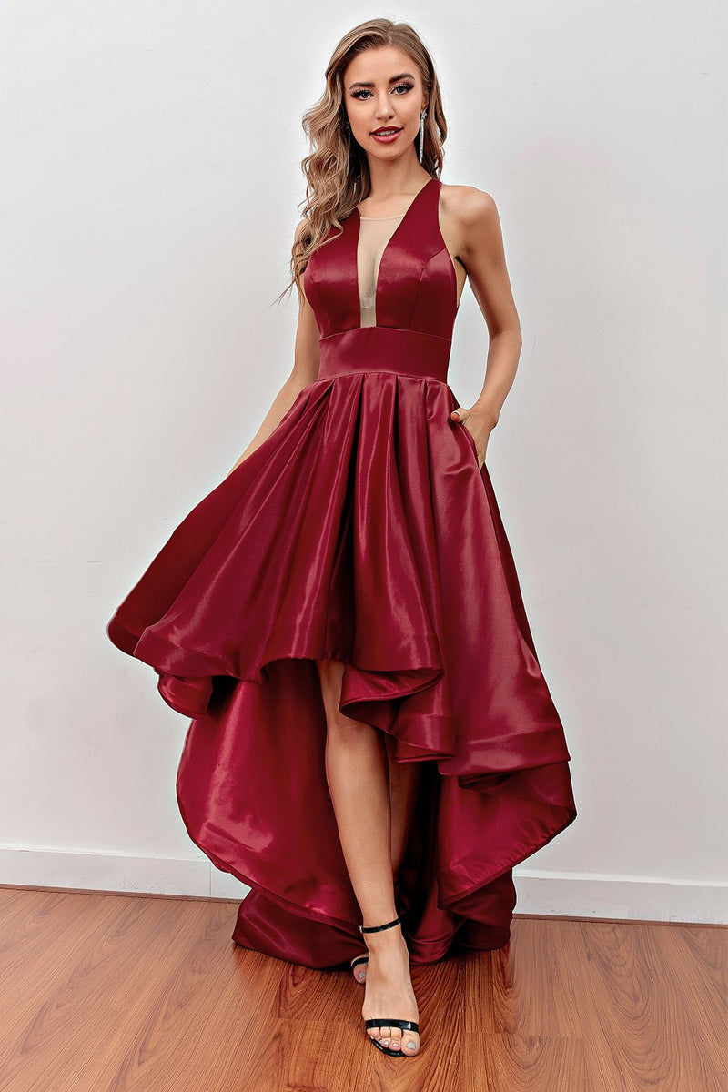 Load image into Gallery viewer, Burgundy High Low Prom Dress with Pockets