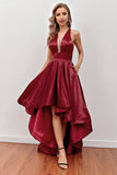 Burgundy High Low Prom Dress with Pockets