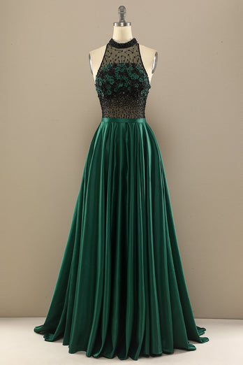 Dark Green Long Beaded Prom Dress With Flowers
