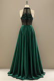 Dark Green Long Beaded Prom Dress With Flowers