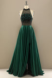 Dark Green Long Beaded Prom Dress With Flowers