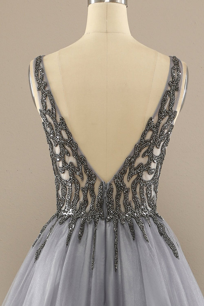 Load image into Gallery viewer, Grey V Neck Long Beaded Prom Dress