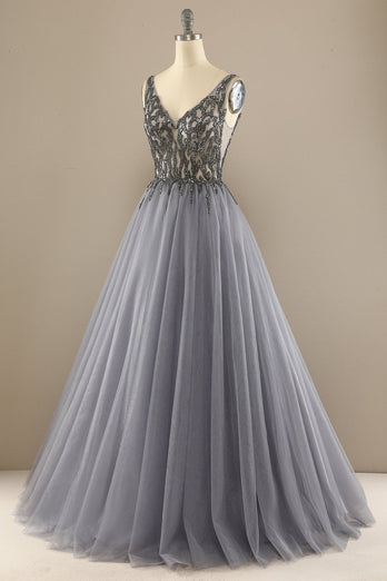 Grey V Neck Long Beaded Prom Dress