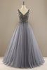 Load image into Gallery viewer, Grey V Neck Long Beaded Prom Dress