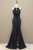 Navy Mermaid Lace Long Prom Dress