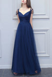 A-Line V-neck Long Tulle Bridesmaid Dress